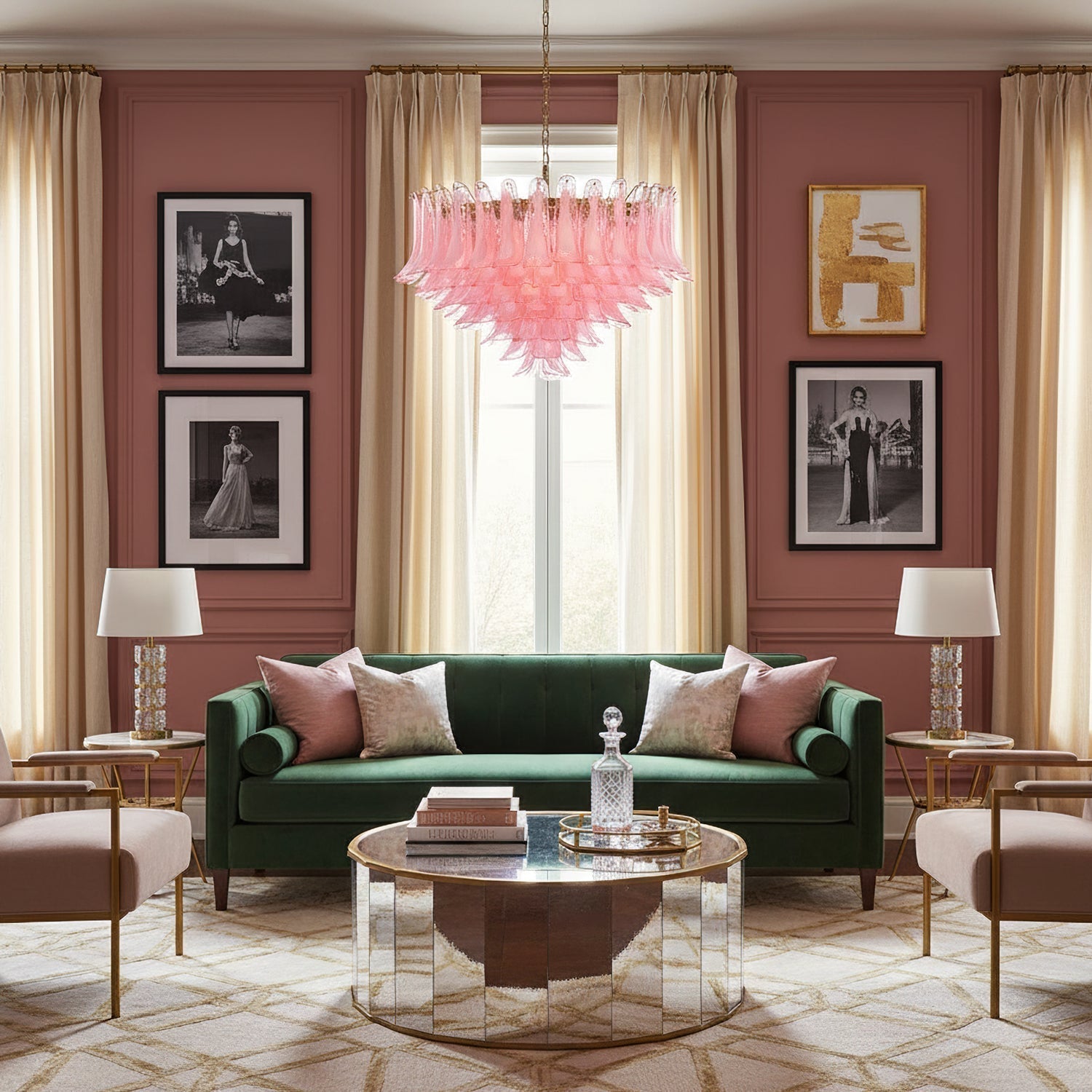 Gold & Pink Barcelona Murano Chandelier with 16 E14 Bulbs - GILDLAMPS