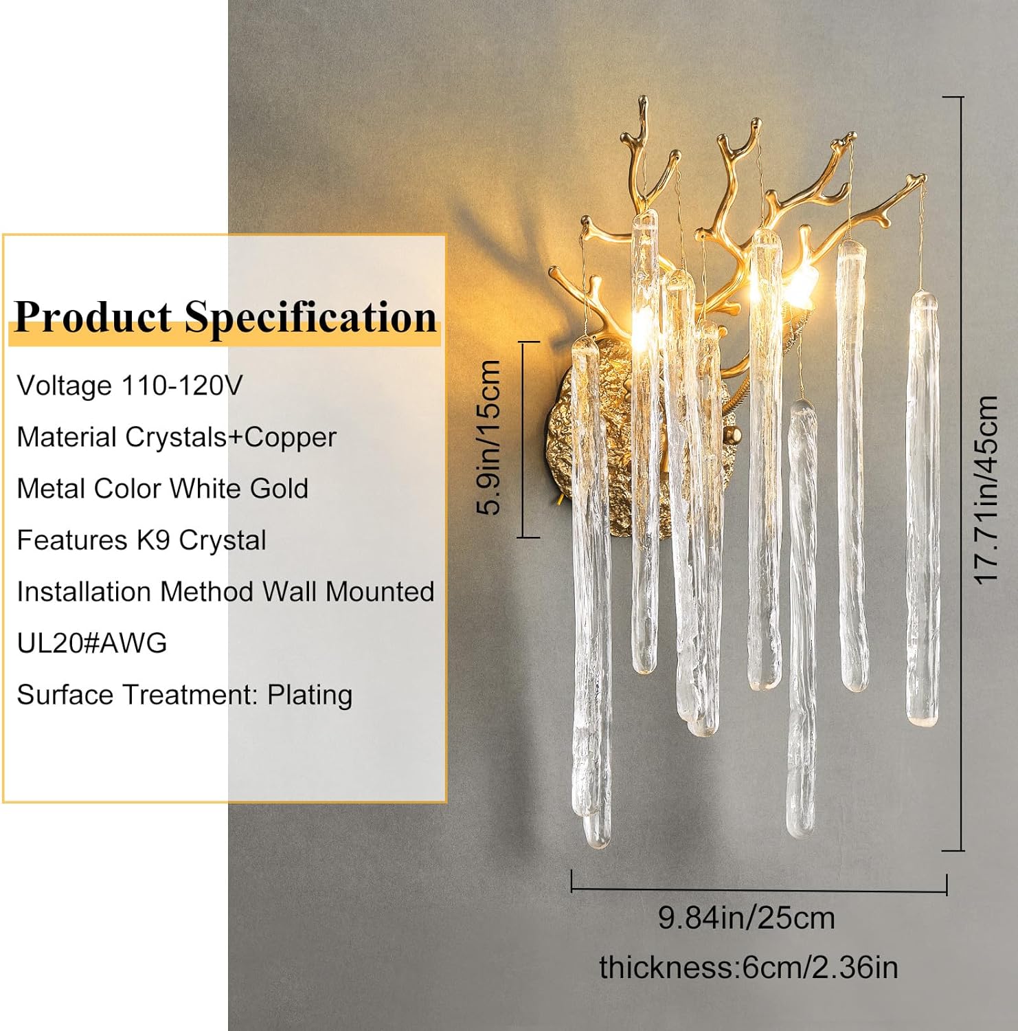 Ice Strip Crystal Gold Wall Sconce for All Rooms 17.7"H - GILDLAMPS