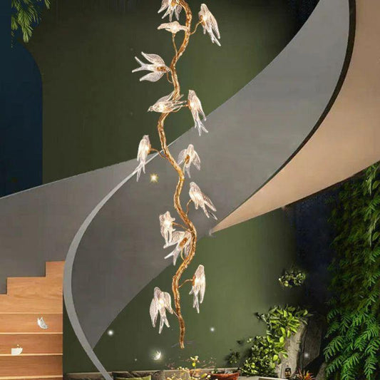 Lucky Bird Glass Tree Branch Chandelier For Staircase - GILDLAMPS