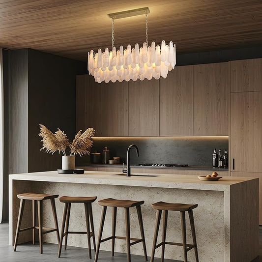 Luxury Modern Alabaster Brass Rectangle Chandelier with Adjustable Height - GILDLAMPS