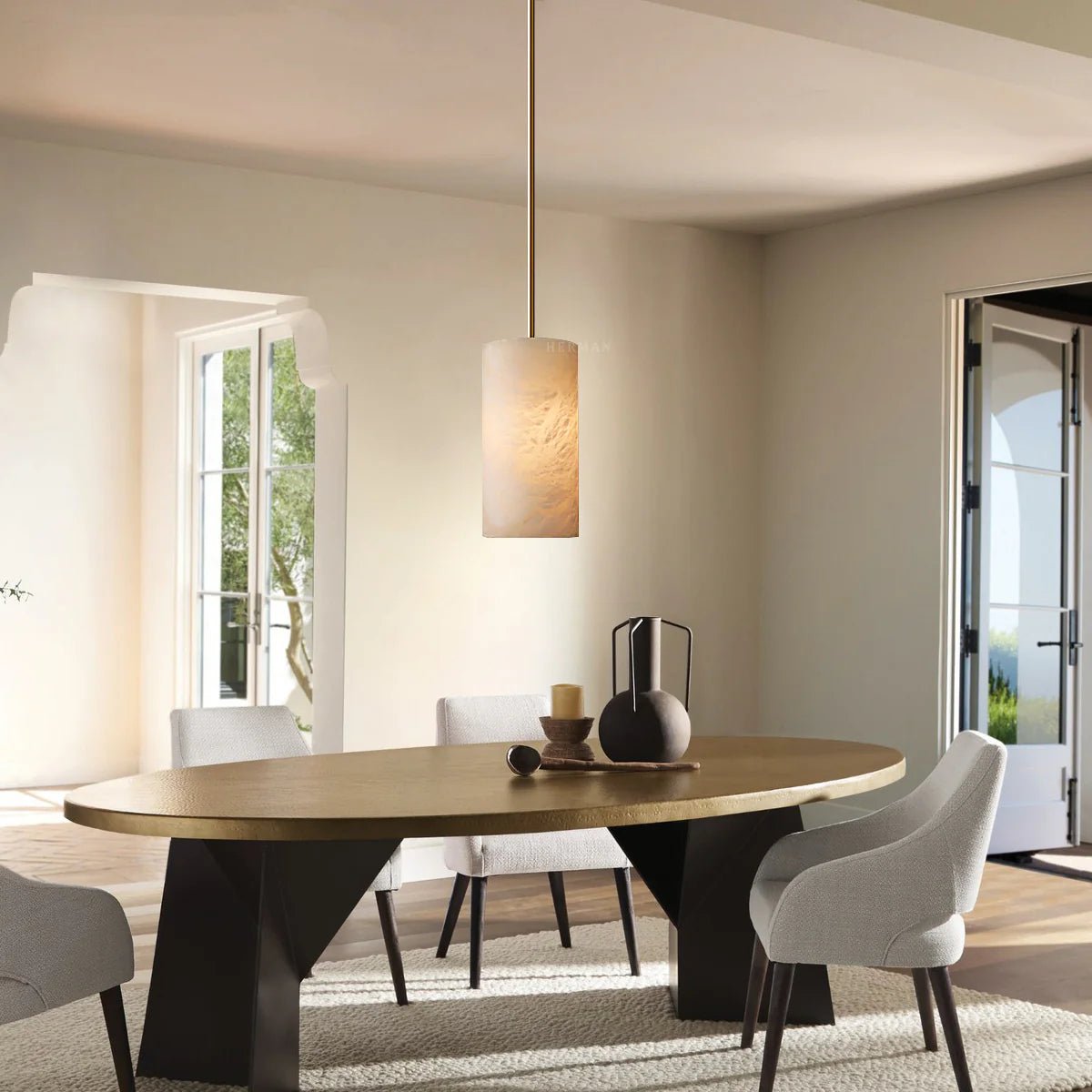 Modern Alabaster Hand Carved Cylinder Pendant Light - GILDLAMPS