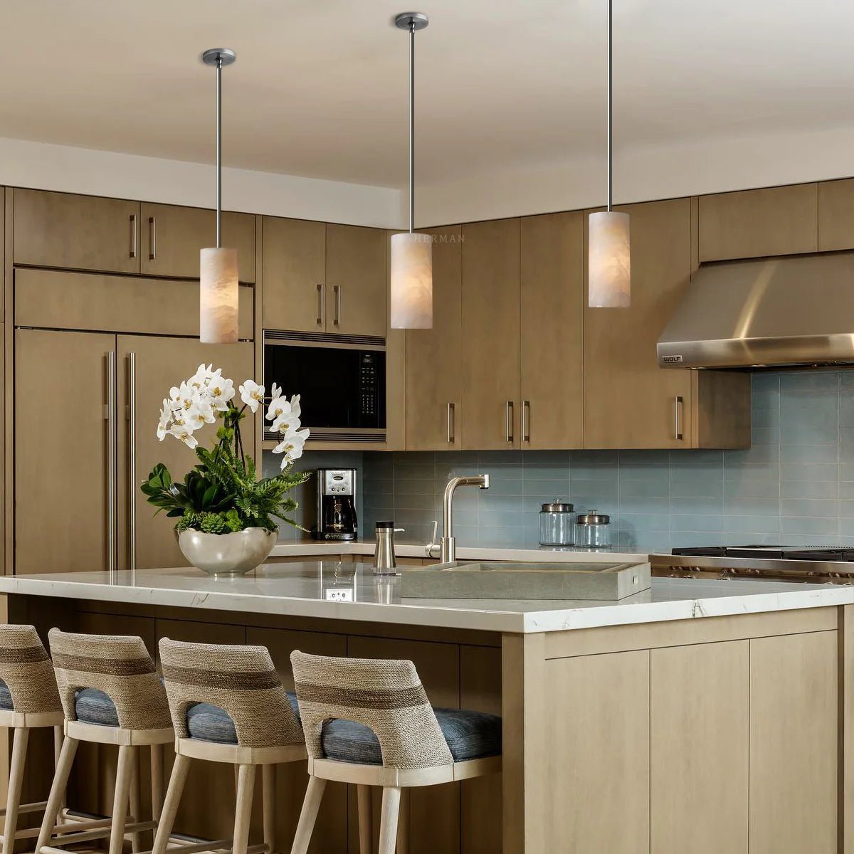 Modern Alabaster Hand Carved Cylinder Pendant Light - GILDLAMPS