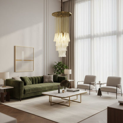 Modern Chandelier with Gold Chains and White Glass Shades - GILDLAMPS