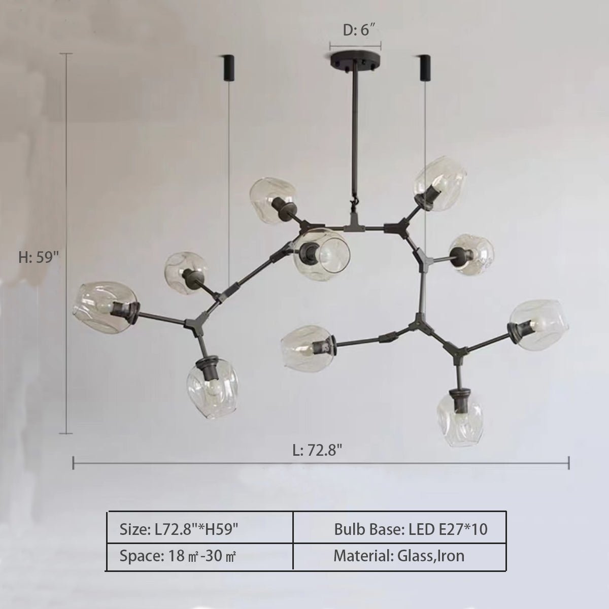 Modern Industrial Branch Chandelier with Multiple Glass Pendants Extra Large for Living or Dining Room - GILDLAMPS
