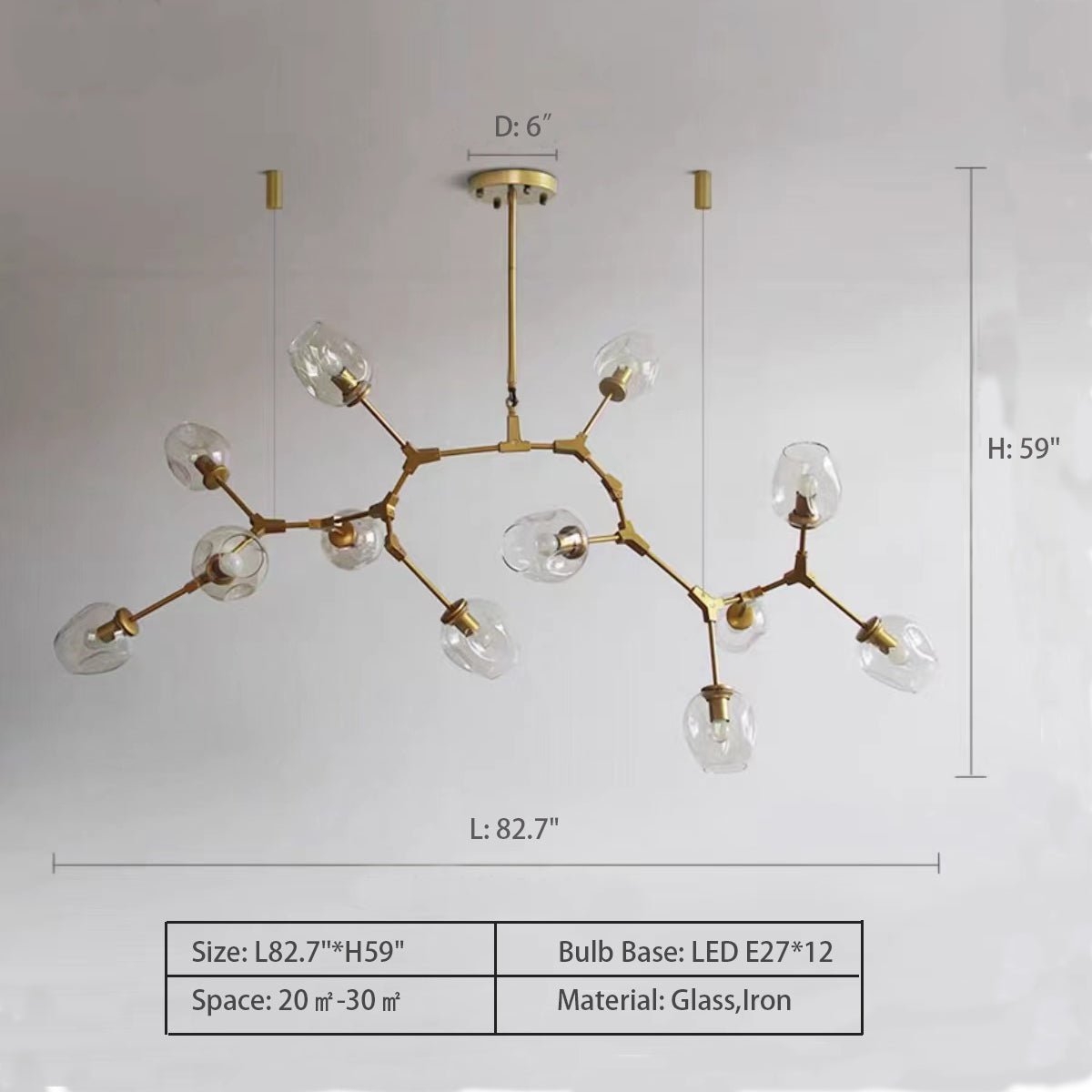 Modern Industrial Branch Chandelier with Multiple Glass Pendants Extra Large for Living or Dining Room - GILDLAMPS
