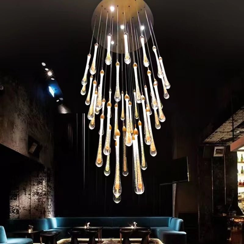 Modern Long Gold Glass Rain Rod Pendant Light for Staircase/High-ceiling room - GILDLAMPS