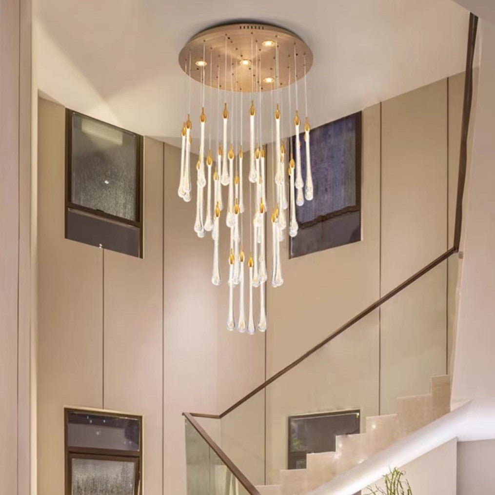 Modern Long Gold Glass Rain Rod Pendant Light for Staircase/High-ceiling room - GILDLAMPS