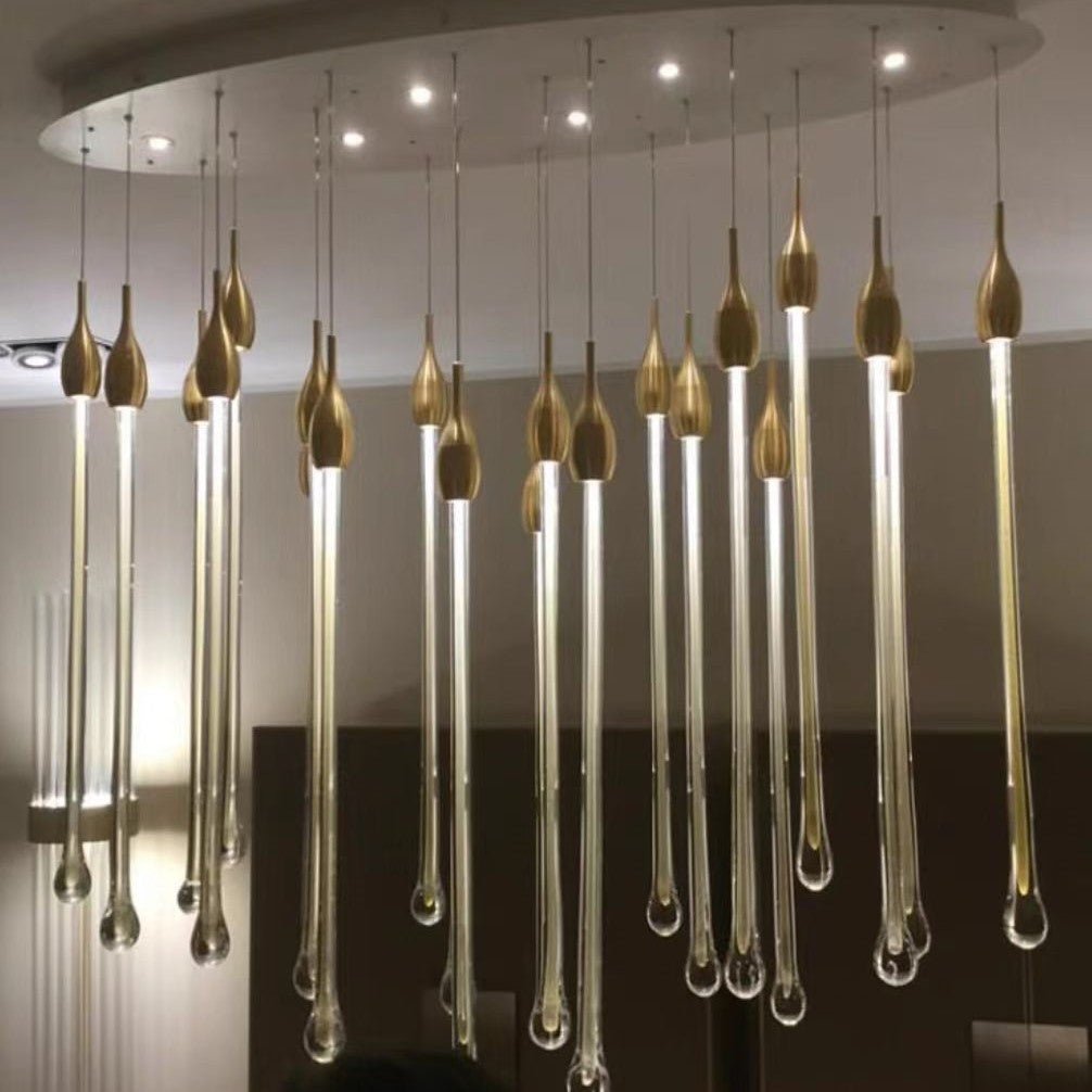 Modern Long Gold Glass Rain Rod Pendant Light for Staircase/High-ceiling room - GILDLAMPS