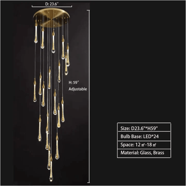 Modern Long Gold Glass Rain Rod Pendant Light for Staircase/High-ceiling room - GILDLAMPS