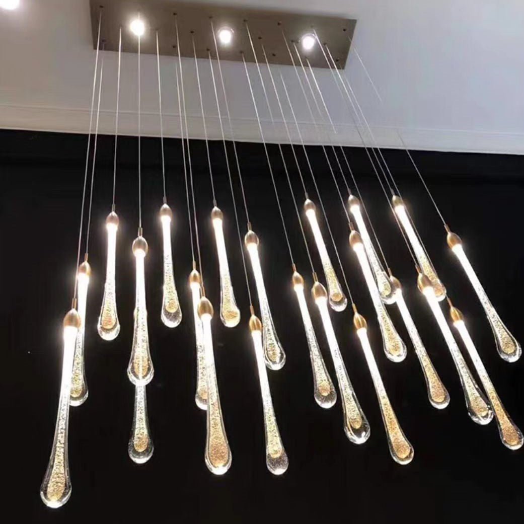 Modern Long Gold Glass Rain Rod Pendant Light for Staircase/High-ceiling room - GILDLAMPS