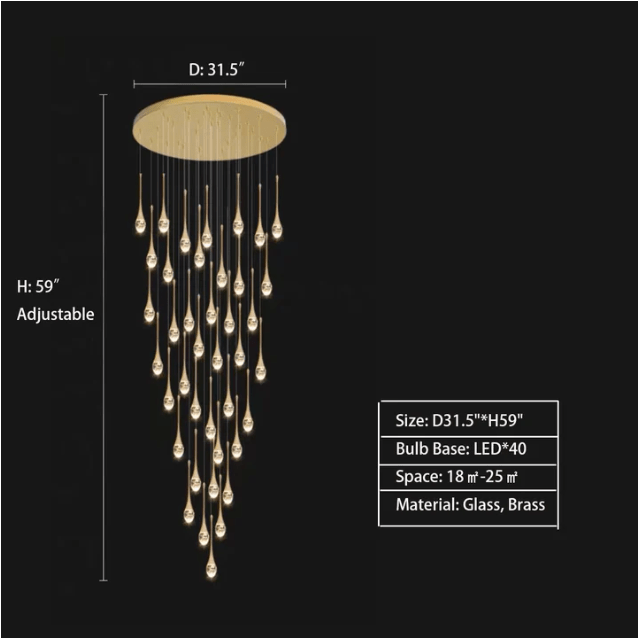 Modern Long Gold Glass Rain Rod Pendant Light for Staircase/High-ceiling room - GILDLAMPS