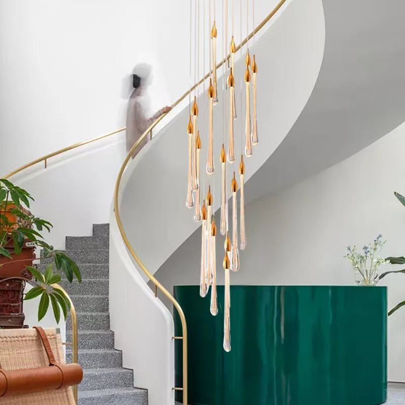 Modern Long Gold Glass Rain Rod Pendant Light for Staircase/High-ceiling room - GILDLAMPS