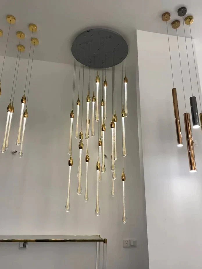 Modern Long Gold Glass Rain Rod Pendant Light for Staircase/High-ceiling room - GILDLAMPS