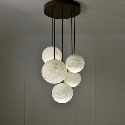 Nami Alabaster Sphere Staircase Chandelier Brass Multi Pendant Light - GILDLAMPS