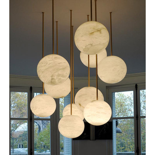 Nami Alabaster Sphere Staircase Chandelier Brass Multi Pendant Light - GILDLAMPS
