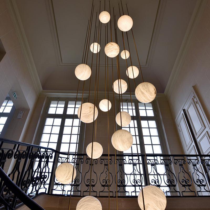 Nami Alabaster Sphere Staircase Chandelier Brass Multi Pendant Light - GILDLAMPS