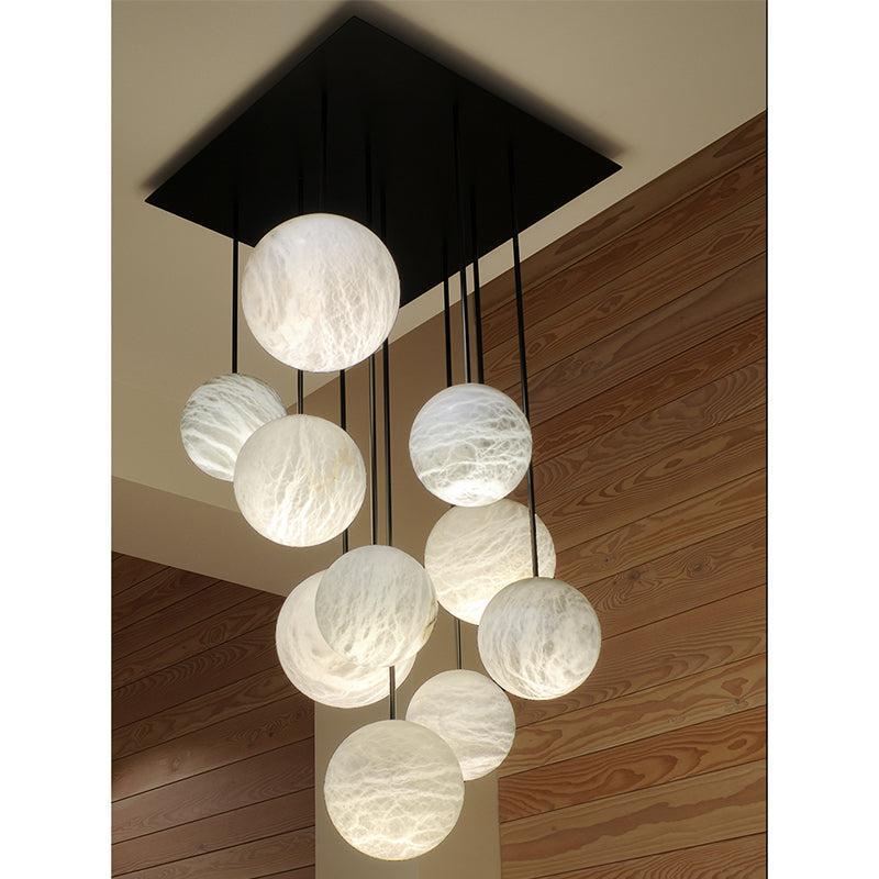 Nami Alabaster Sphere Staircase Chandelier Brass Multi Pendant Light - GILDLAMPS