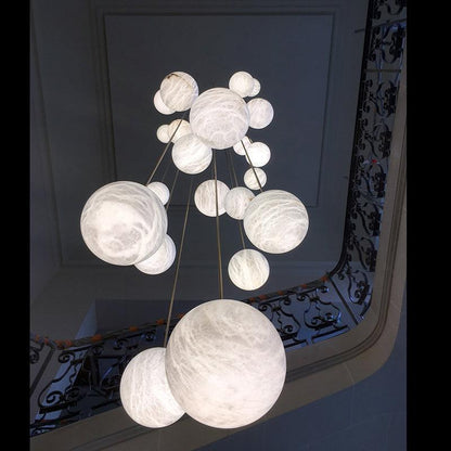 Nami Alabaster Sphere Staircase Chandelier Brass Multi Pendant Light - GILDLAMPS