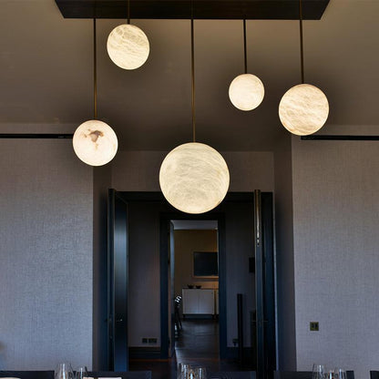 Nami Alabaster Sphere Staircase Chandelier Brass Multi Pendant Light - GILDLAMPS