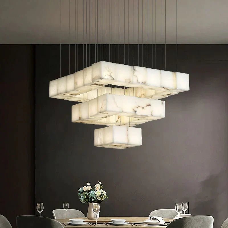 Olive Alabaster Cubic Round Pendant For Dining Table, Staircase - GILDLAMPS