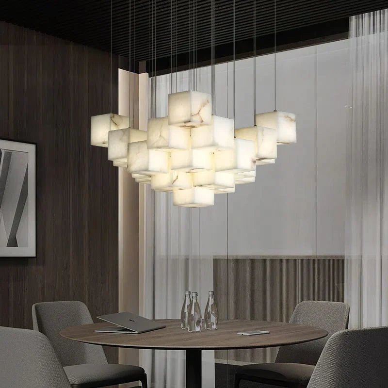 Olive Alabaster Cubic Round Pendant For Dining Table, Staircase - GILDLAMPS