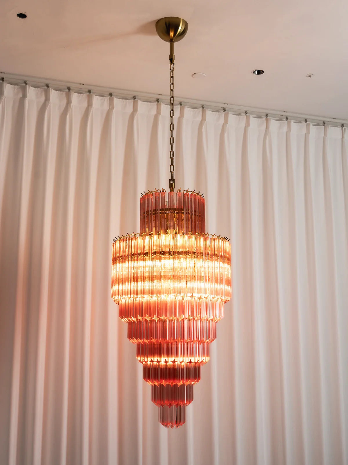 Pink Tiered Fluted Glass Waterfall Chandelier