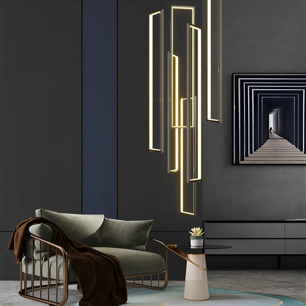 Rectangular Frame Aluminum LED Black Nordic Duplex Stair Chandelier - GILDLAMPS