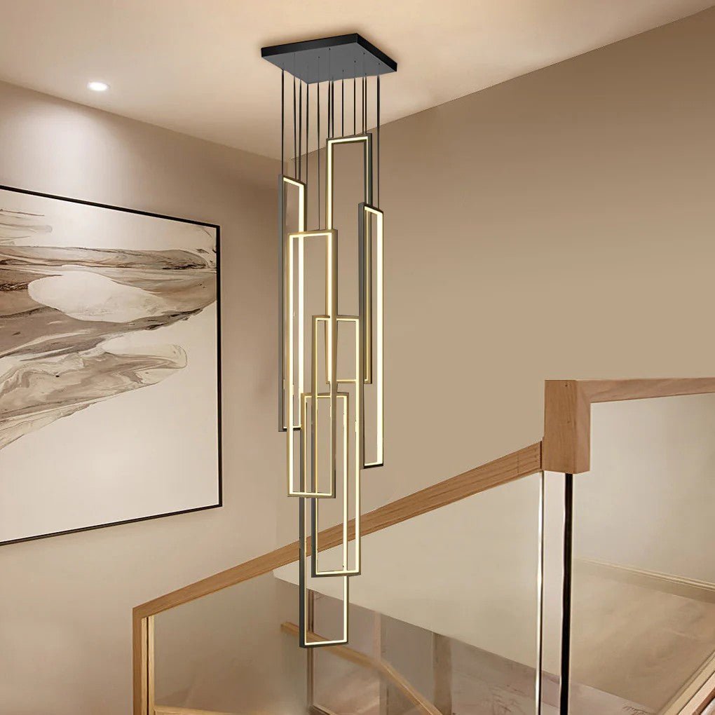 Rectangular Frame Aluminum LED Black Nordic Duplex Stair Chandelier - GILDLAMPS