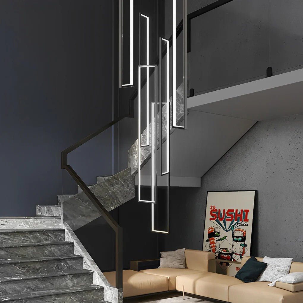 Rectangular Frame Aluminum LED Black Nordic Duplex Stair Chandelier - GILDLAMPS