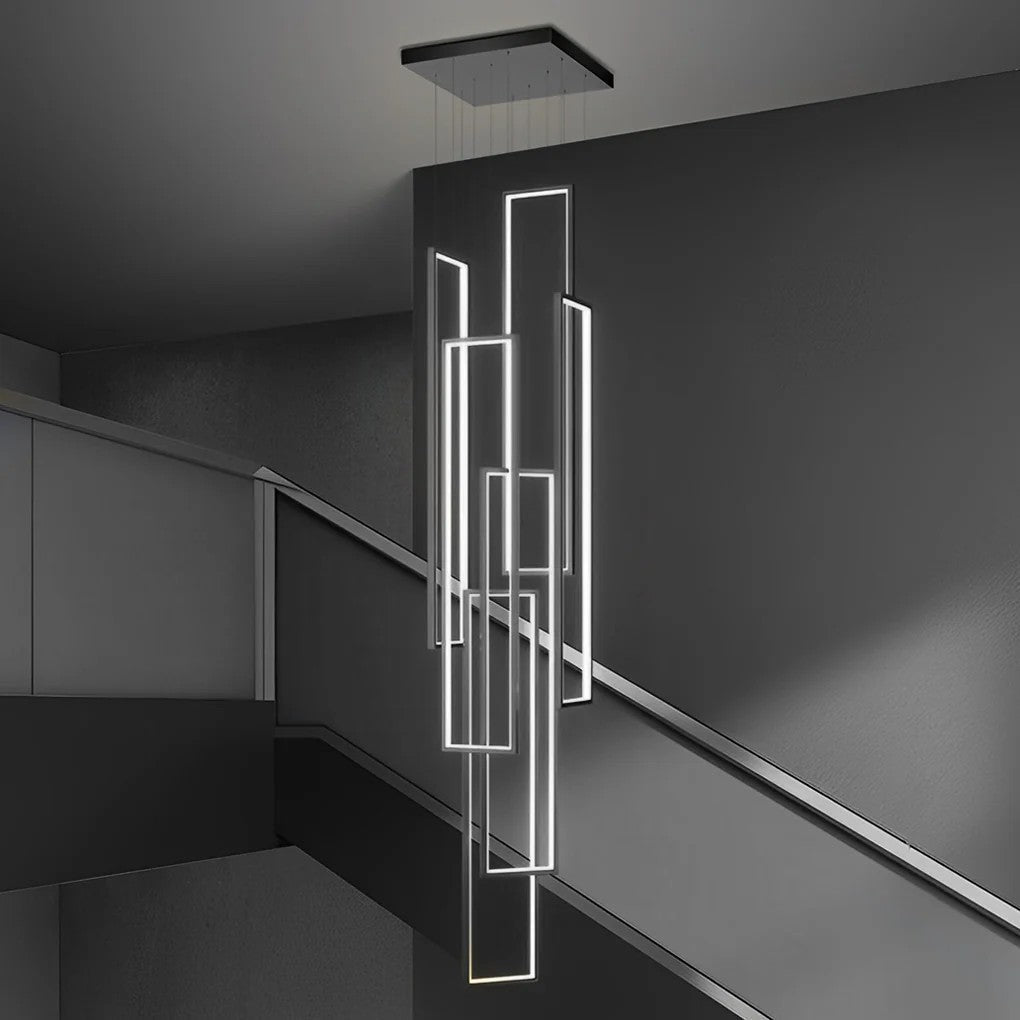 Rectangular Frame Aluminum LED Black Nordic Duplex Stair Chandelier - GILDLAMPS