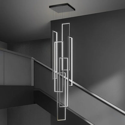 Rectangular Frame Aluminum LED Black Nordic Duplex Stair Chandelier - GILDLAMPS