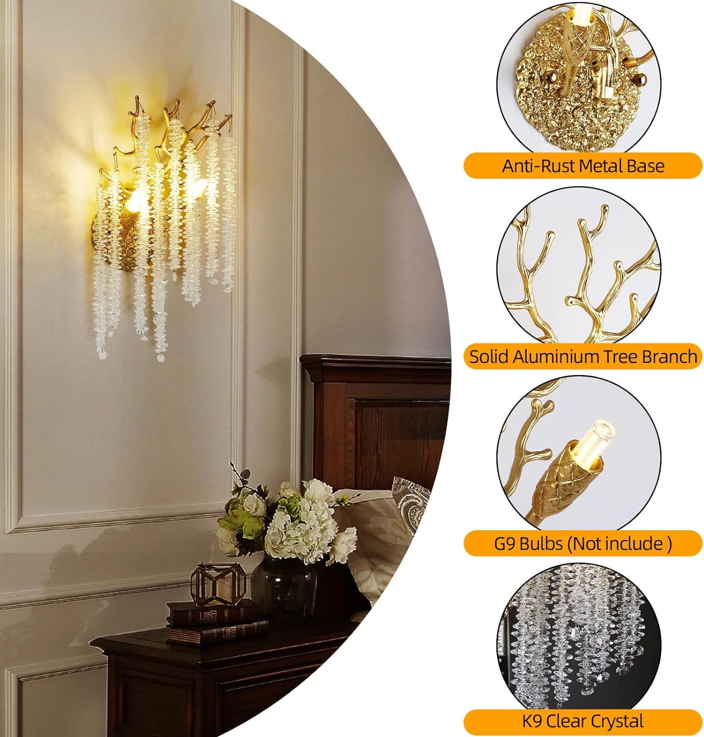 Snow Tree Crystal Gold Wall Sconce for All Rooms 10"H - GILDLAMPS