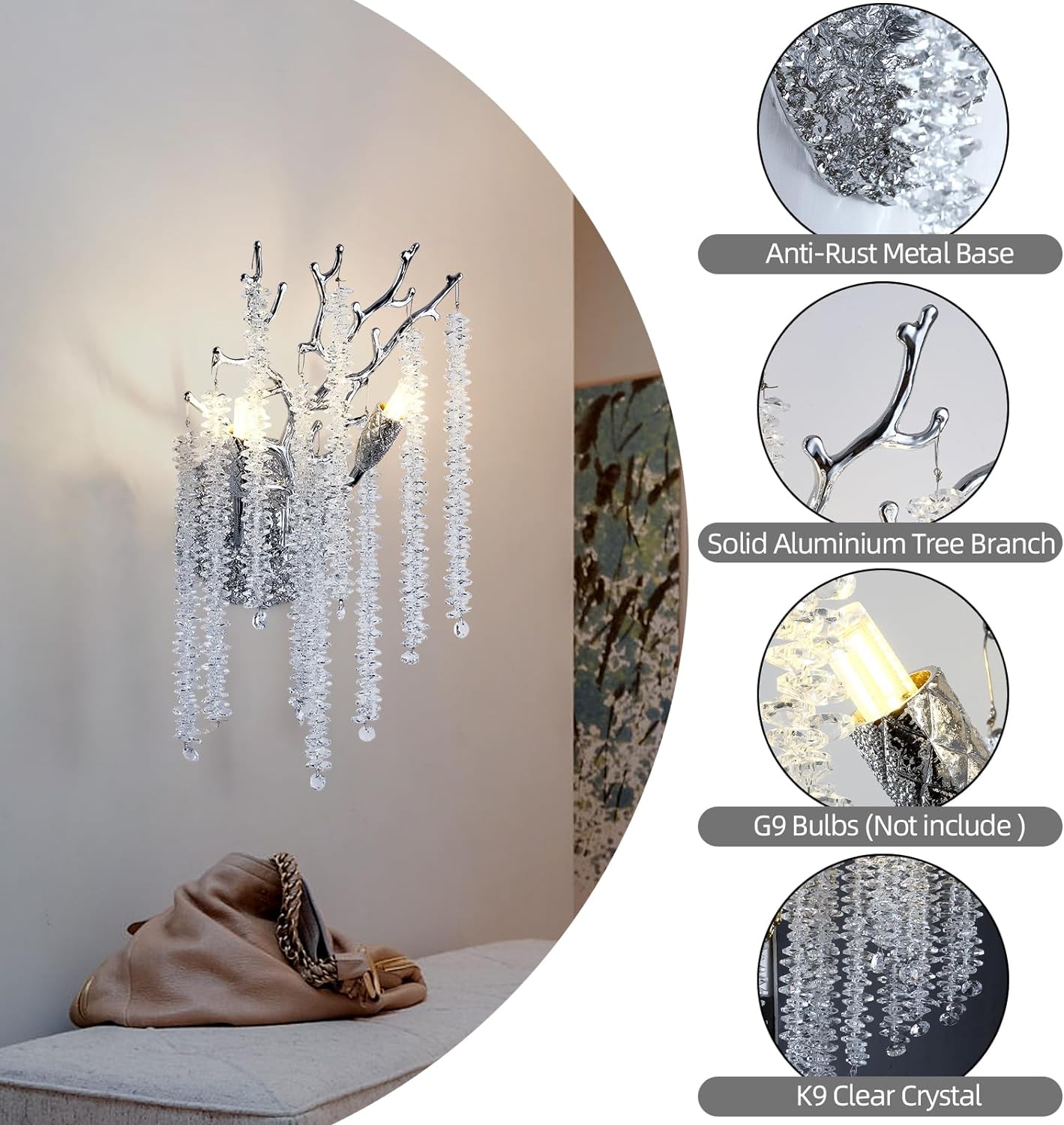 Snow Tree Crystal Silver Wall Sconce 10"H - GILDLAMPS