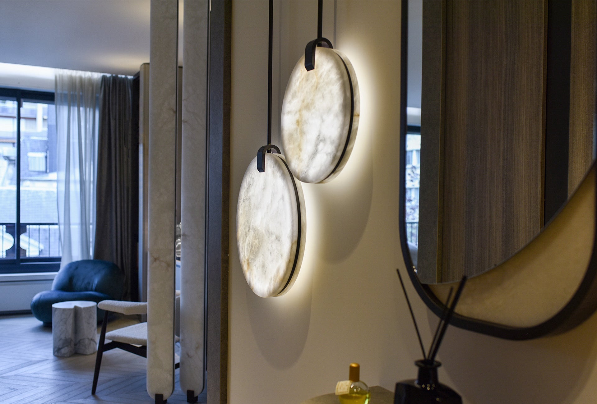 Soho Real Alabaster Disc Pendant Light, Pendant Lamp For Hallway, Staircase - GILDLAMPS